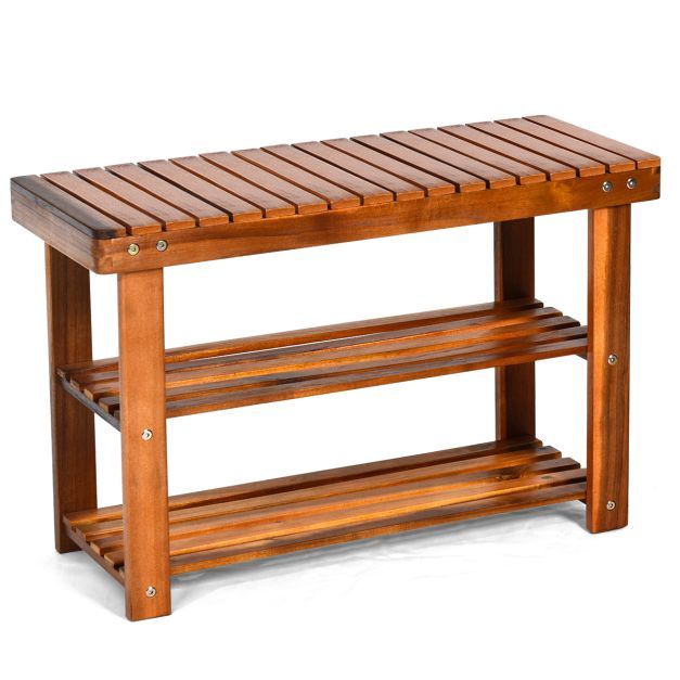 Schuhregal mit Sitzbank &amp; 2 Ablagen Schuhschrank aus Holz, Badregal 70 x 28 x 45 cm