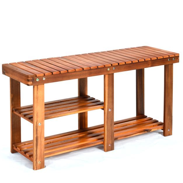 Schuhregal mit Sitzbank &amp; 2 Ablagen, Badregal aus Holz  87 x 28 x 45 cm