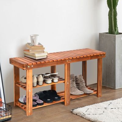 Schuhregal mit Sitzbank & 2 Ablagen, Badregal aus Holz 87 x 28 x 45 cm