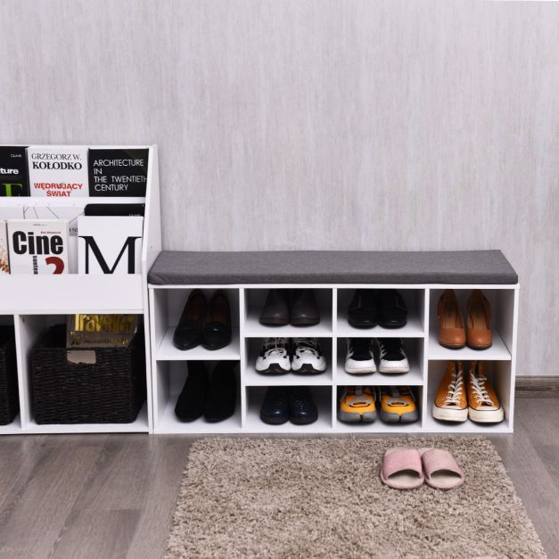 Schuhbank mit Sitzfläche Schuhregal Schuhkommode Schuhablage Schuhschrank Sitzbank mit Regal &amp; Sitzkissen Holz Weiss