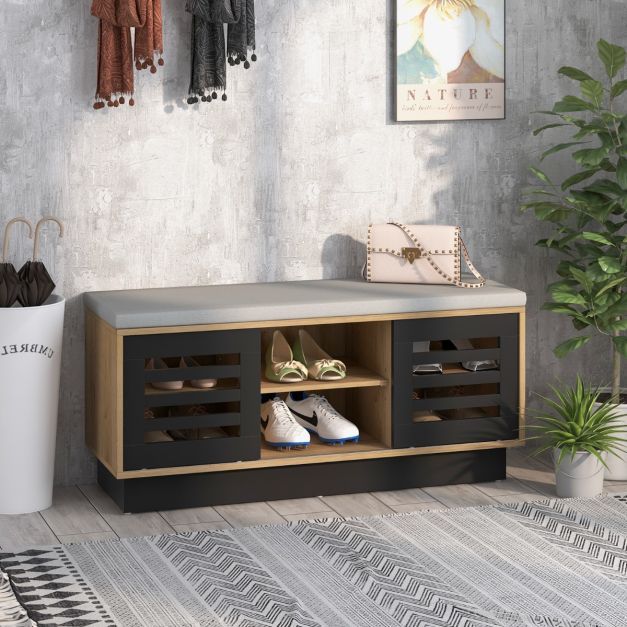 2 in 1 Sitzbank &amp; Schuhregal mit 6 Fächer &amp; 3 Verstellbaren Ablagen 99,5 x 34,5 x 46 cm natur