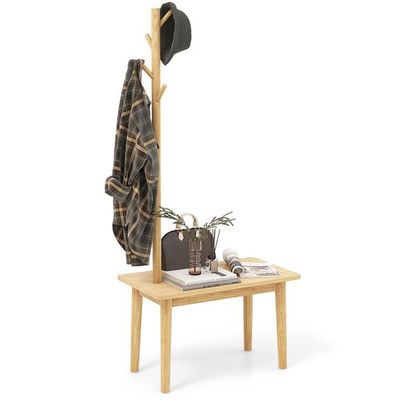 3 in 1 Beistelltisch aus Massivholz Garderobenständer mit Schuhbank 76 x 43 x 168 cm