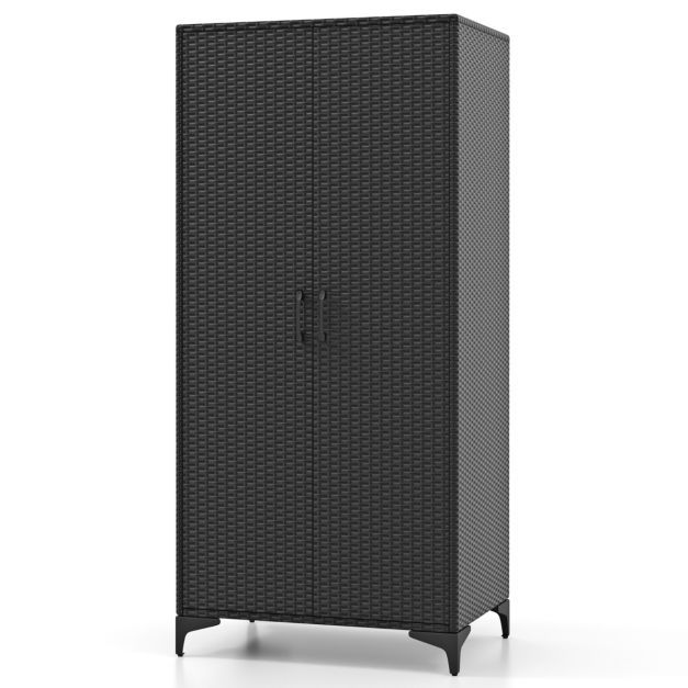 Kleiderschrank aus PE-Rattan mit 2 Türen, schwarz