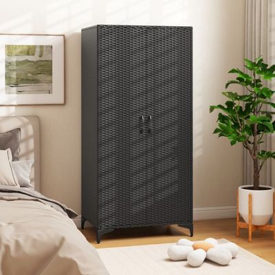 Kleiderschrank aus PE-Rattan mit 2 Türen, schwarz