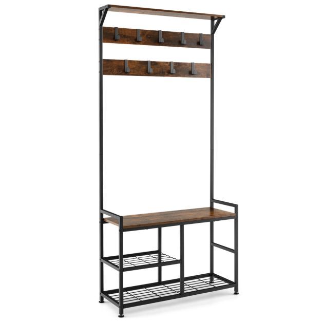 Garderobenständer mit 9 Haken &amp; Schuhregal 3 Ebenen Garderobe Industrie-Design Braun