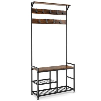 Garderobenständer mit 9 Haken &amp; Schuhregal 3 Ebenen Garderobe Industrie-Design Braun
