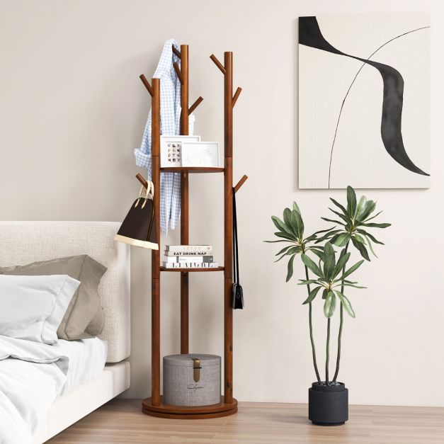 Drehbarer Garderobenständer Holz Mantelständer mit 3 Ablagefächern & 9 Haken für Mäntel 42 x 167 cm Baumnuss