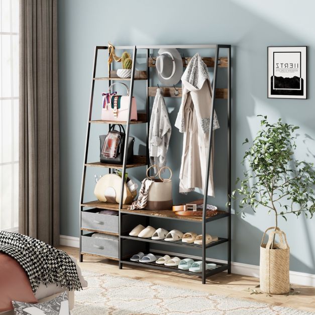 Industrielle Garderobe mit Schuhbank für den Eingangsbereich 122x40x180 cm Rustikales Braun