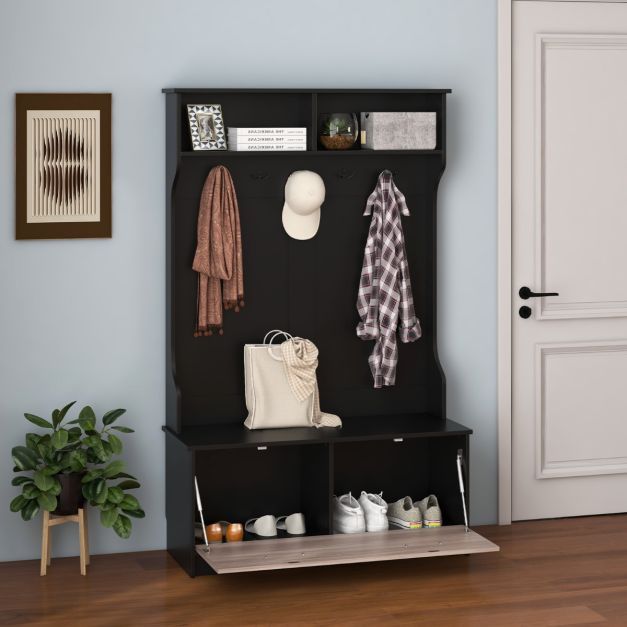 Garderobenschrank mit Sitzbank & Schuhschrank, Garderobe Flurgarderobe 100 x 40 x 160 cm Schwarz