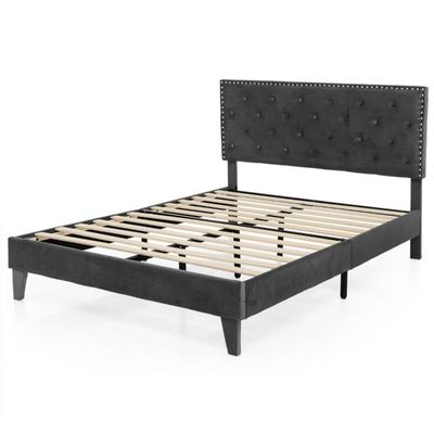 200 x 140 cm Doppelbett mit Lattenrost &amp; Kopfteil Gepolsterter Bettrahmen Grau