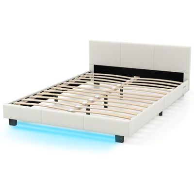 Doppel-Bett mit LED Beleuchtung 140 x 200 cm Polsterbett mit Lattenrost Weiss