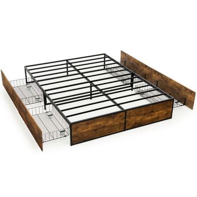 Doppelbett Strapazierfähiges Metallbett mit 4 Schubladen Braun
