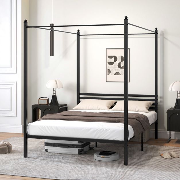 140 x 200 cm Himmelbett Bettgestell mit Lattenrost Doppelbett Schwarz