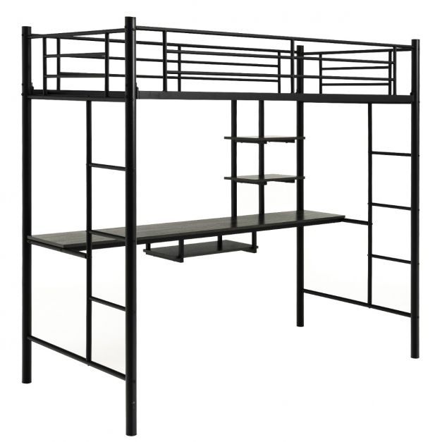 Etagenbettgestell Hochbett aus Metall mit Schreibtisch Leitern und Geländer Schwarz