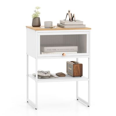 Nachttisch Beistelltisch Holz Nachtschrank mit Metallrahmen &amp; Ablage &amp; durchsichtiger Tür 40 x 32 x 56 cm Weiss