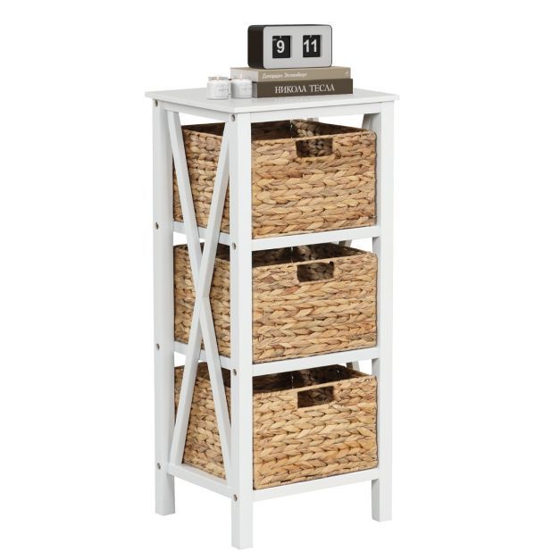 4-stufiger Nachttisch, Kommode mit 3 Seegraskörben &amp; X-Design Schmaler Beistelltisch 36 x 30 x 80 cm Weiss