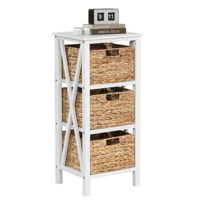 4-stufiger Nachttisch, Kommode mit 3 Seegraskörben &amp; X-Design Schmaler Beistelltisch 36 x 30 x 80 cm Weiss