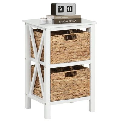 3-stufiger Nachttisch mit 2 Seegraskörben &amp; X-Design Schmaler Beistelltisch 36 x 30 x 57 cm Weiss