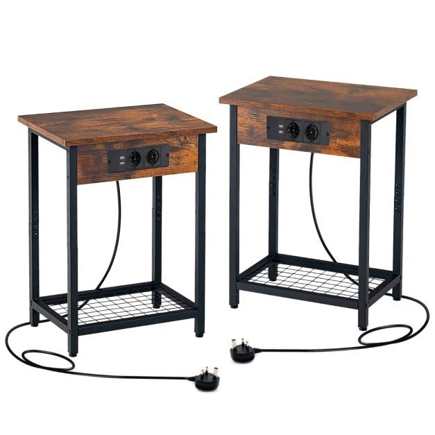 2er Set Nachttisch mit Ladestation &amp; 2 USB-Anschlüssen &amp; 2 Steckdosen Beistelltisch für Schlafzimmer Wohnzimmer