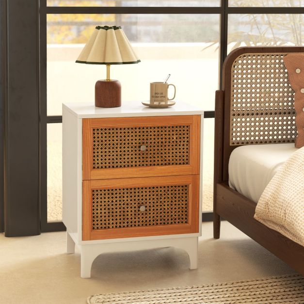 Nachttisch Rattan Nachtschrank mit 2 Schubladen Beistelltisch Weiss + Braun