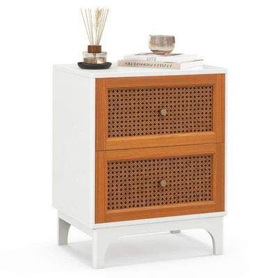 Nachttisch Rattan Nachtschrank mit 2 Schubladen Beistelltisch Weiss + Braun