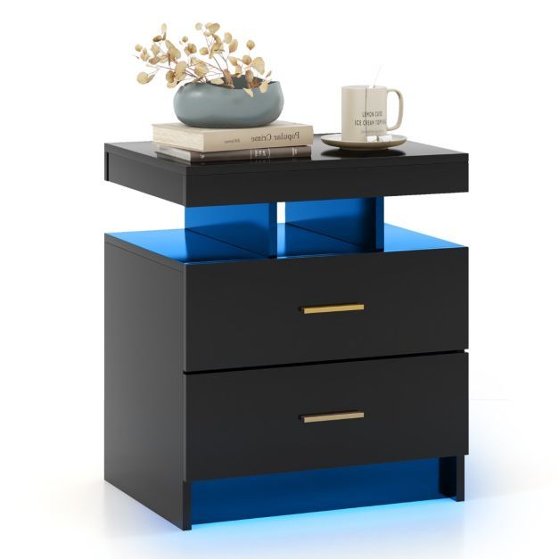 Nachttisch mit LED-Beleuchtung Beistelltisch mit 2 Schubladen 50 x 40 x 58 cm Schwarz