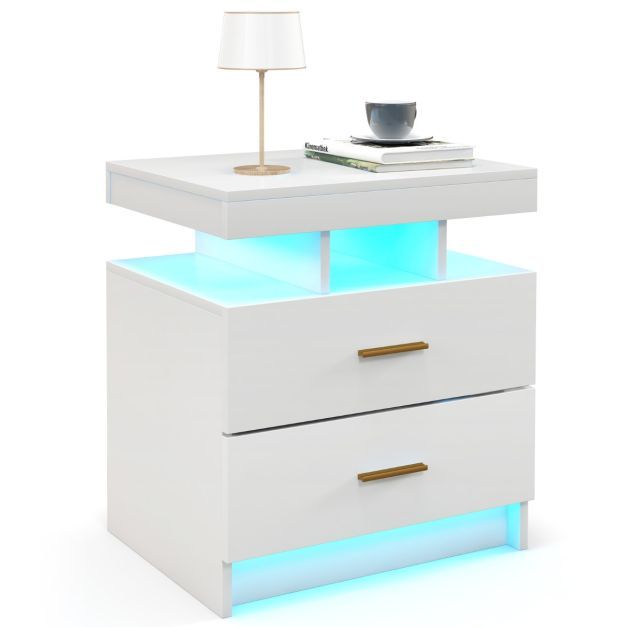 Nachttisch mit LED-Beleuchtung Beistelltisch mit 2 Schubladen 50 x 40 x 58 cm weiss