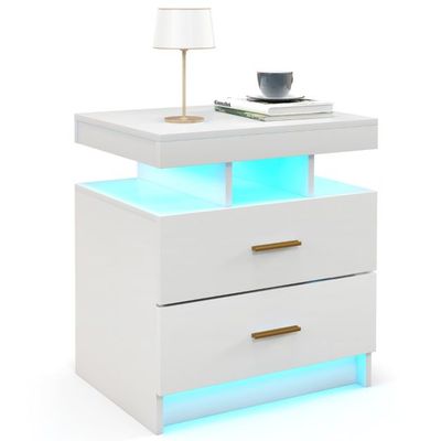 Nachttisch mit LED-Beleuchtung Beistelltisch mit 2 Schubladen 50 x 40 x 58 cm weiss