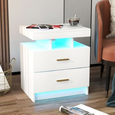 Nachttisch mit LED-Beleuchtung Beistelltisch mit 2 Schubladen 50 x 40 x 58 cm weiss