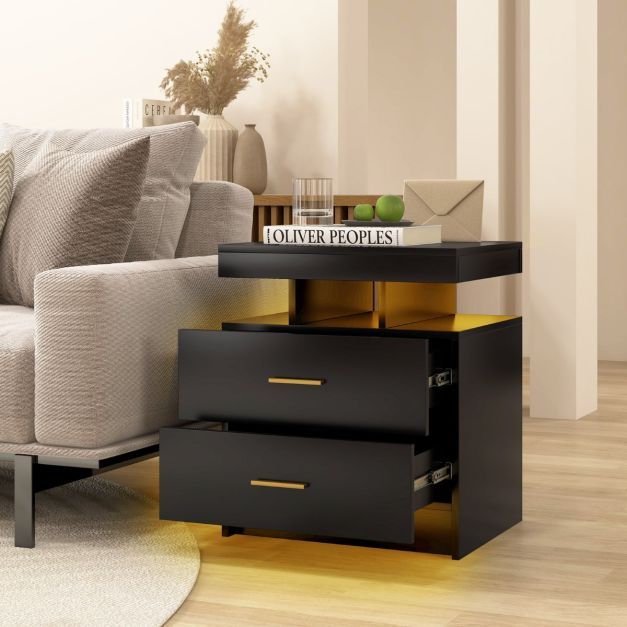 Nachttisch mit LED-Beleuchtung Beistelltisch mit 2 Schubladen 50 x 40 x 58 cm Schwarz