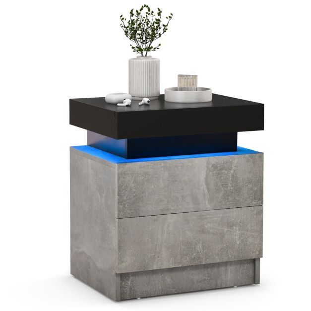 Nachttisch mit LED-Leuchten &amp; 2 Schubladen &amp; Fernbedienung Nachtschrank 45 x 35 x 52cm Grau