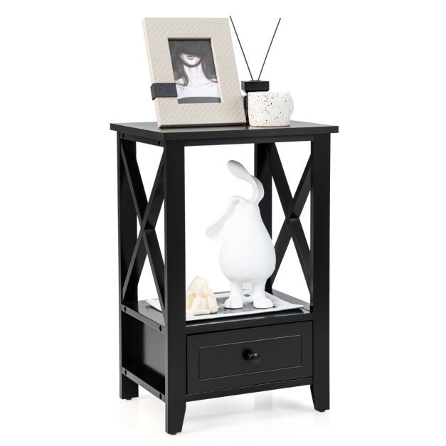 2 Ebenen Nachttisch mit Schublade Beistelltisch Holz 40 x 30 x 61,5cm Schwarz