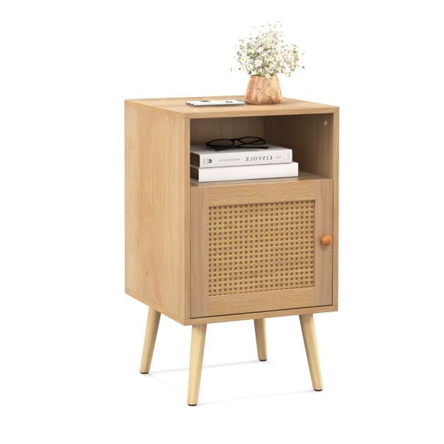 Rattan Nachttisch mit Stauraum Offenem Regal &amp; Tür Bauernhausstil Beistelltisch Natur