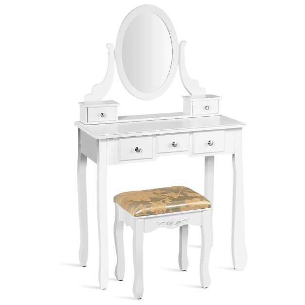 Schminktisch Set mit um 360° Drehbarem Spiegel &amp; Hocker &amp; 5 Schubladen Frisiertisch Weiss