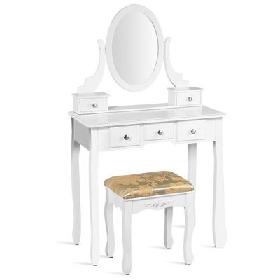 Schminktisch Set mit um 360° Drehbarem Spiegel &amp; Hocker &amp; 5 Schubladen Frisiertisch Weiss