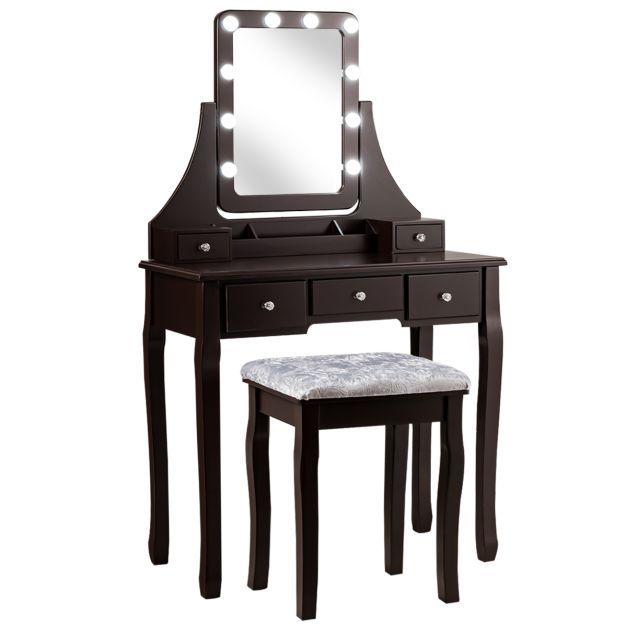 Schminktisch mit Hocker 360° drehbarem Spiegel und 10 dimmbaren LED-Birnen Kosmetiktisch Braun