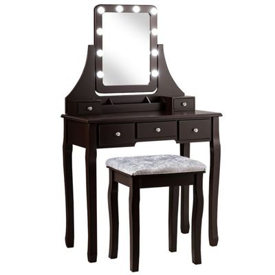 Schminktisch mit Hocker 360° drehbarem Spiegel und 10 dimmbaren LED-Birnen Kosmetiktisch Braun