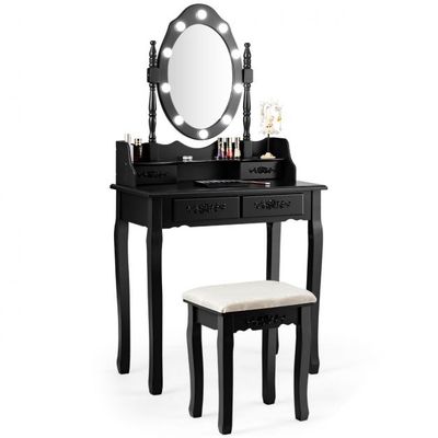 Schminktisch mit Hocker Spiegel &amp; 10 dimmbaren LED-Birnen 75 x 40 x 146 cm Schwarz