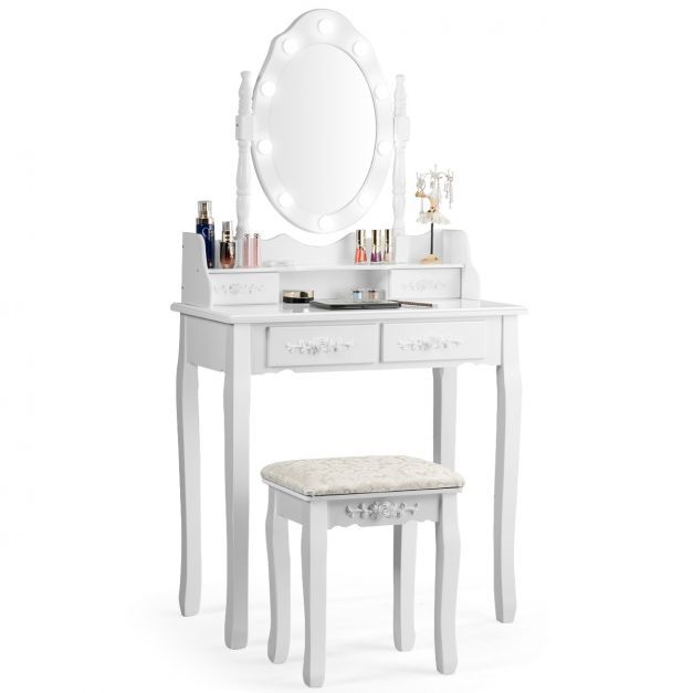 Klassisches Schminktisch-Set mit Hocker LED-Birnen Kosmetiktisch 75 x 40 x 146 cm Weiss
