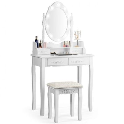Klassisches Schminktisch-Set mit Hocker LED-Birnen Kosmetiktisch 75 x 40 x 146 cm Weiss