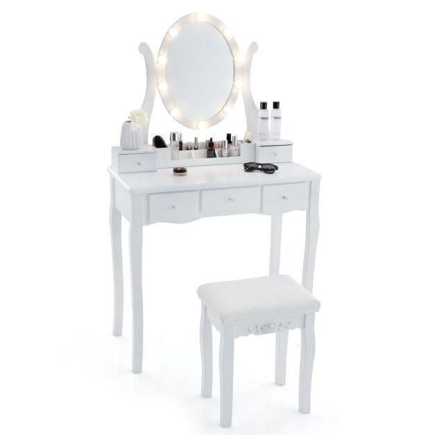 Schminktisch mit LED-Beleuchtung &amp; Hocker &amp; Drehbarem Spiegel Frisiertisch Kosmetiktisch Weiss