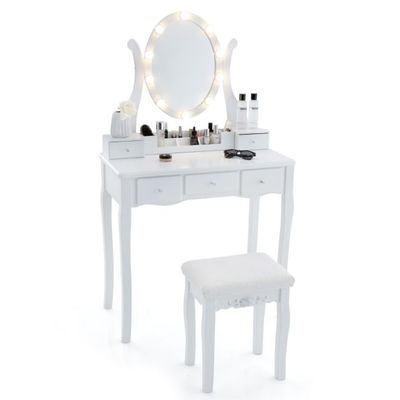 Schminktisch mit LED-Beleuchtung &amp; Hocker &amp; Drehbarem Spiegel Frisiertisch Kosmetiktisch Weiss