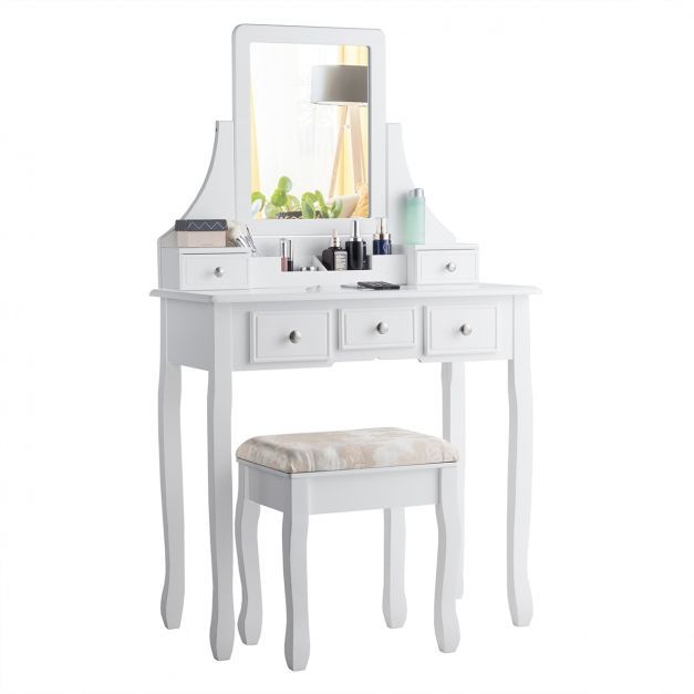 Schminktisch mit Hocker Frisiertisch-Set Kosmetiktisch mit 5 Schubladen und Spiegel Weiss