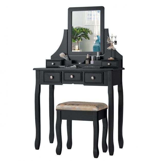 Schminktisch mit Hocker Frisiertisch-Set Kosmetiktisch mit 5 Schubladen und Spiegel schwarz