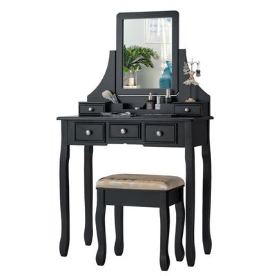 Schminktisch mit Hocker Frisiertisch-Set Kosmetiktisch mit 5 Schubladen und Spiegel schwarz