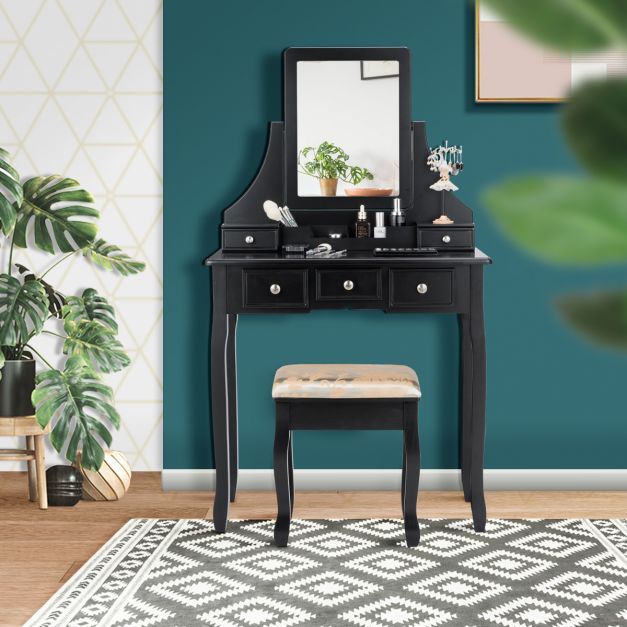 Schminktisch mit Hocker Frisiertisch-Set Kosmetiktisch mit 5 Schubladen und Spiegel schwarz