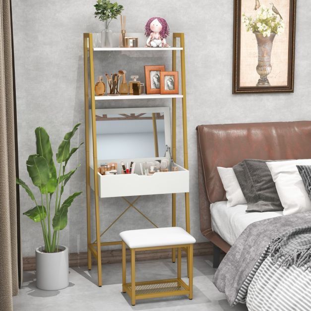 2 in 1 Schminktisch mit Hocker &amp; Spiegel &amp; Doppelten Ablagen &amp; Verstecktem Schrank Weiss Gold