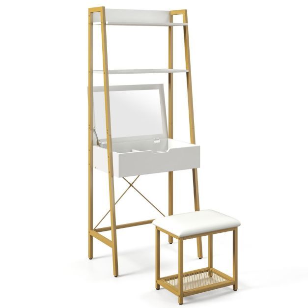 2 in 1 Schminktisch mit Hocker &amp; Spiegel &amp; Doppelten Ablagen &amp; Verstecktem Schrank Weiss Gold