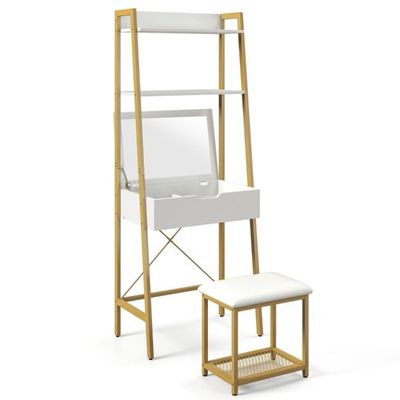 2 in 1 Schminktisch mit Hocker &amp; Spiegel &amp; Doppelten Ablagen &amp; Verstecktem Schrank Weiss Gold