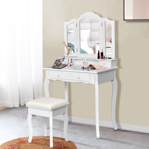 Schminktisch mit Hocker &amp; 3-teiligem Klappbarem Spiegel &amp; 4 Schubladen Frisiertisch Weiss